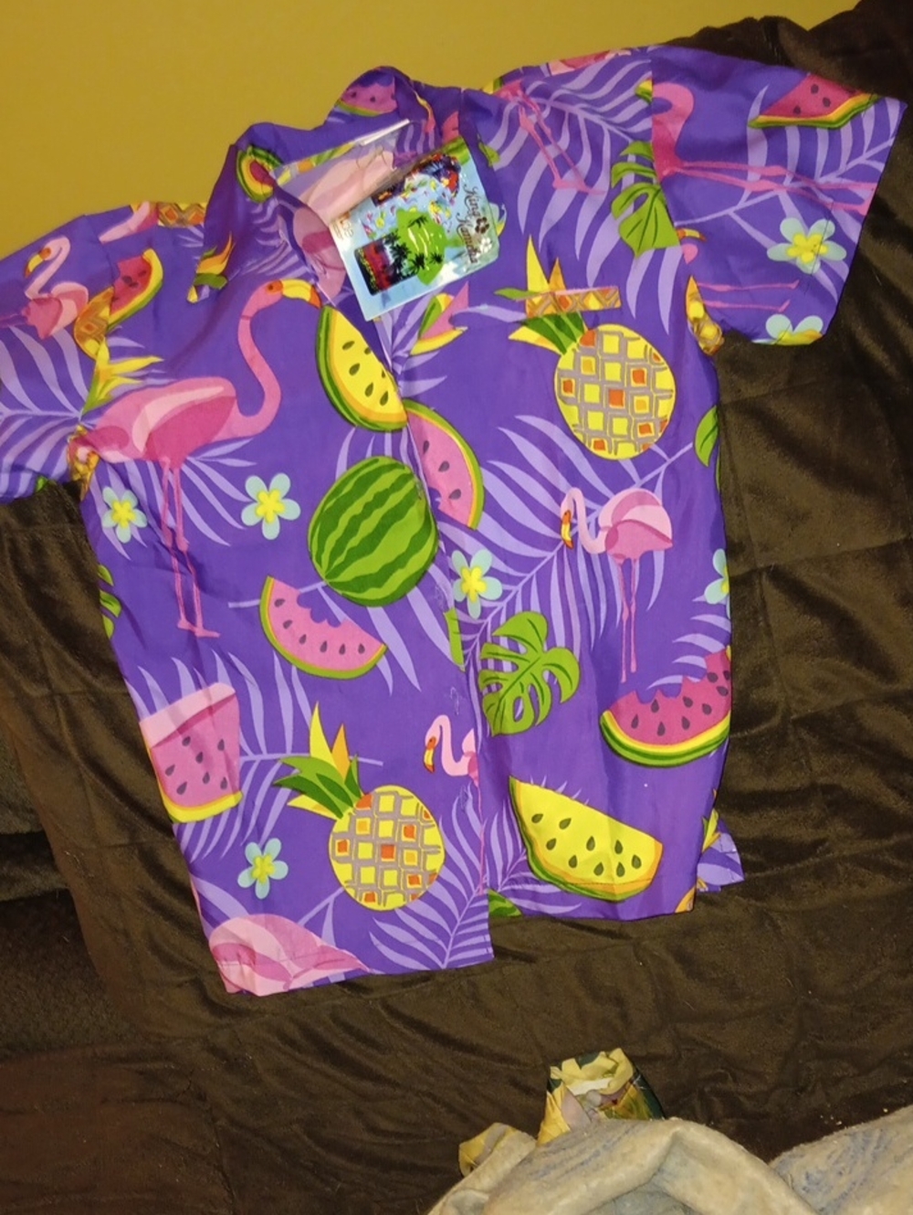 Purple Tropical Print 🦩🍍 🍉 Blouse with Flamingo & Fruit